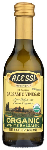 Alessi organic white balsamic front packaging showing three bottles and label benefits