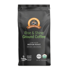 Alex's Low Acid Organic Coffee front packaging showing branding and organic benefit