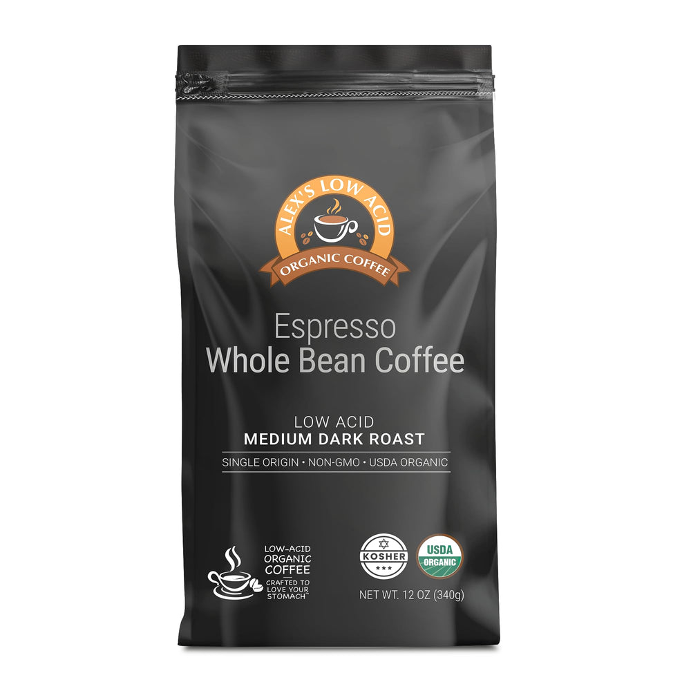 Alex's Low Acid Organic Coffee front packaging showing branding and 12oz bag benefit