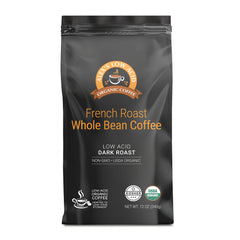 Alex's Low Acid Organic Coffee front packaging showing 12oz bag and organic seal, highlighting gentle flavor