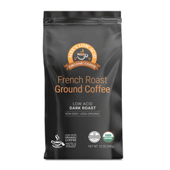 Alex's Low Acid Organic Coffee front packaging showing label and benefits
