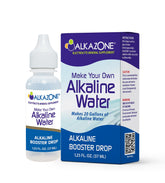 ALKAZONE travel bottle front view showing compact alkaline drops for on-the-go hydration
