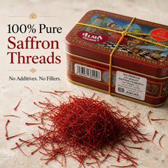 Alma Gourmet saffron threads steeping in warm water to release color