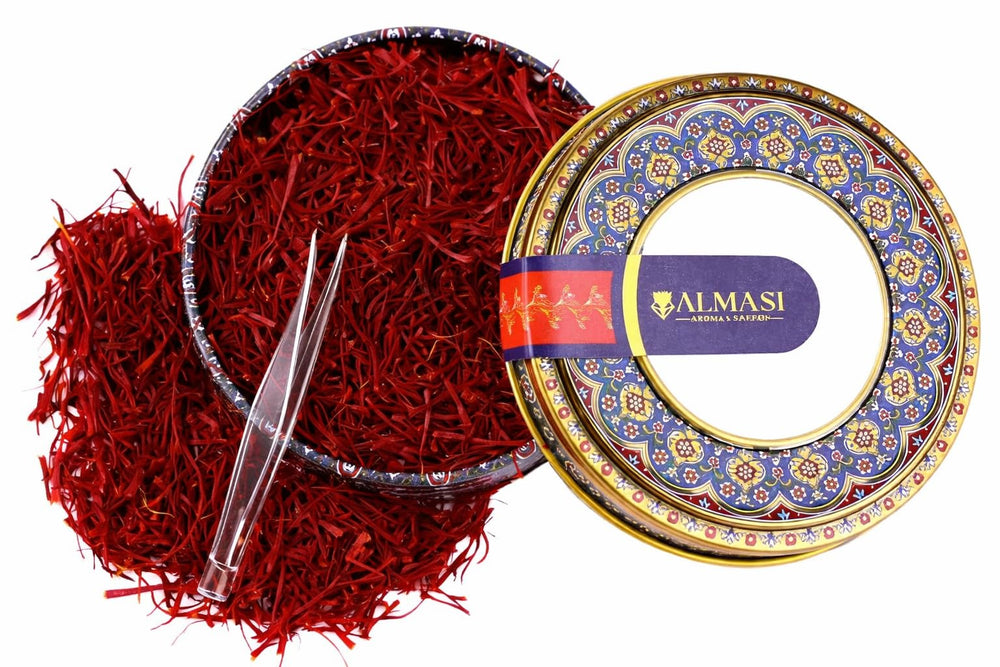 Almasi Aroma saffron metal can front showing secure storage and branding benefit