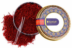 Almasi Aroma saffron metal can front showing secure storage and branding benefit