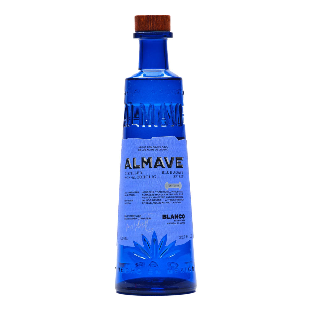 Almave front bottle shot showing clear non-alcoholic agave spirit and premium design