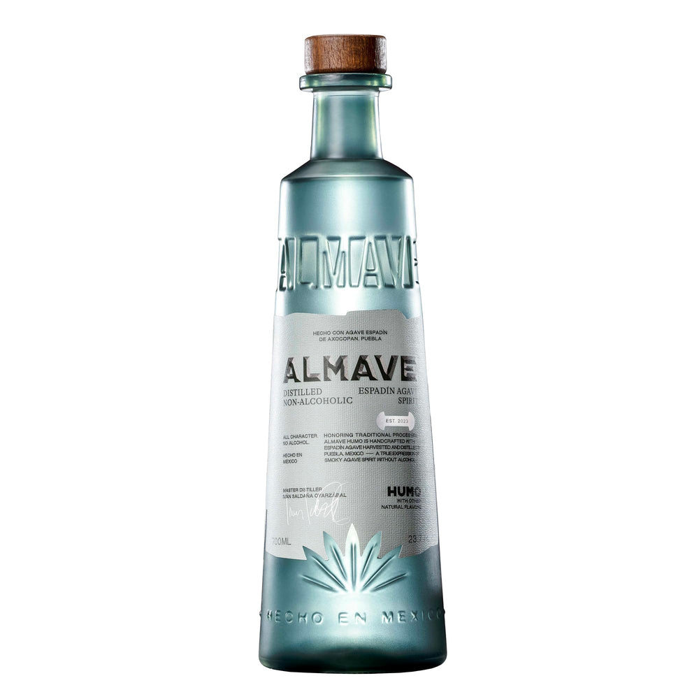 ALMAVE front bottle shot showing smoky agave spirit and premium design benefit: clear presentation