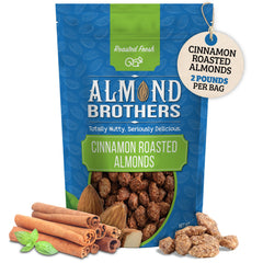 Almond Brothers front packaging 2 lb bag showing brand and cinnamon glaze benefits