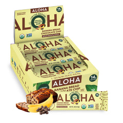 ALOHA front box shot showing banana bread chocolate chip and organic badge, convenient nutrition