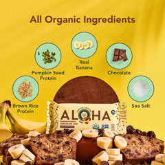 ALOHA ingredients flatlay with dried banana, sunflower butter, and pumpkin seed protein, clean whole-food sourcing