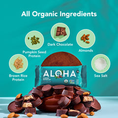 ALOHA unwrapped bar beside almonds and chocolate chips illustrating whole-food ingredients and transparency