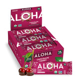 ALOHA front packaging showing box of chocolate cherry bars and organic label benefiting quick recognition
