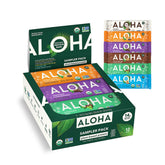ALOHA front packaging showing 6-flavor sampler and organic badge for variety