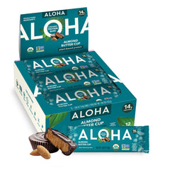 ALOHA front packaging showing almond butter cup flavor and organic certifications, quick product recognition benefit