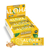 ALOHA front box showing lemon cashew bars and organic label benefits