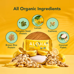 ALOHA unwrapped lemon cashew bar showing texture and high protein appeal