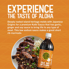 ALOHA label detail highlighting kalbi sauce ingredients and low sodium benefit