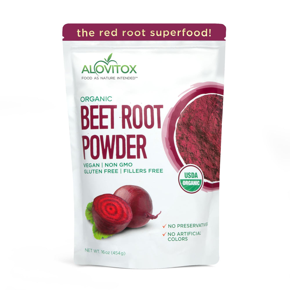 Alovitox front packaging showing organic beetroot powder and benefits
