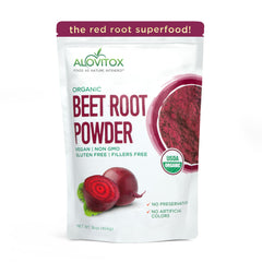 Alovitox front packaging showing organic beetroot powder and benefits