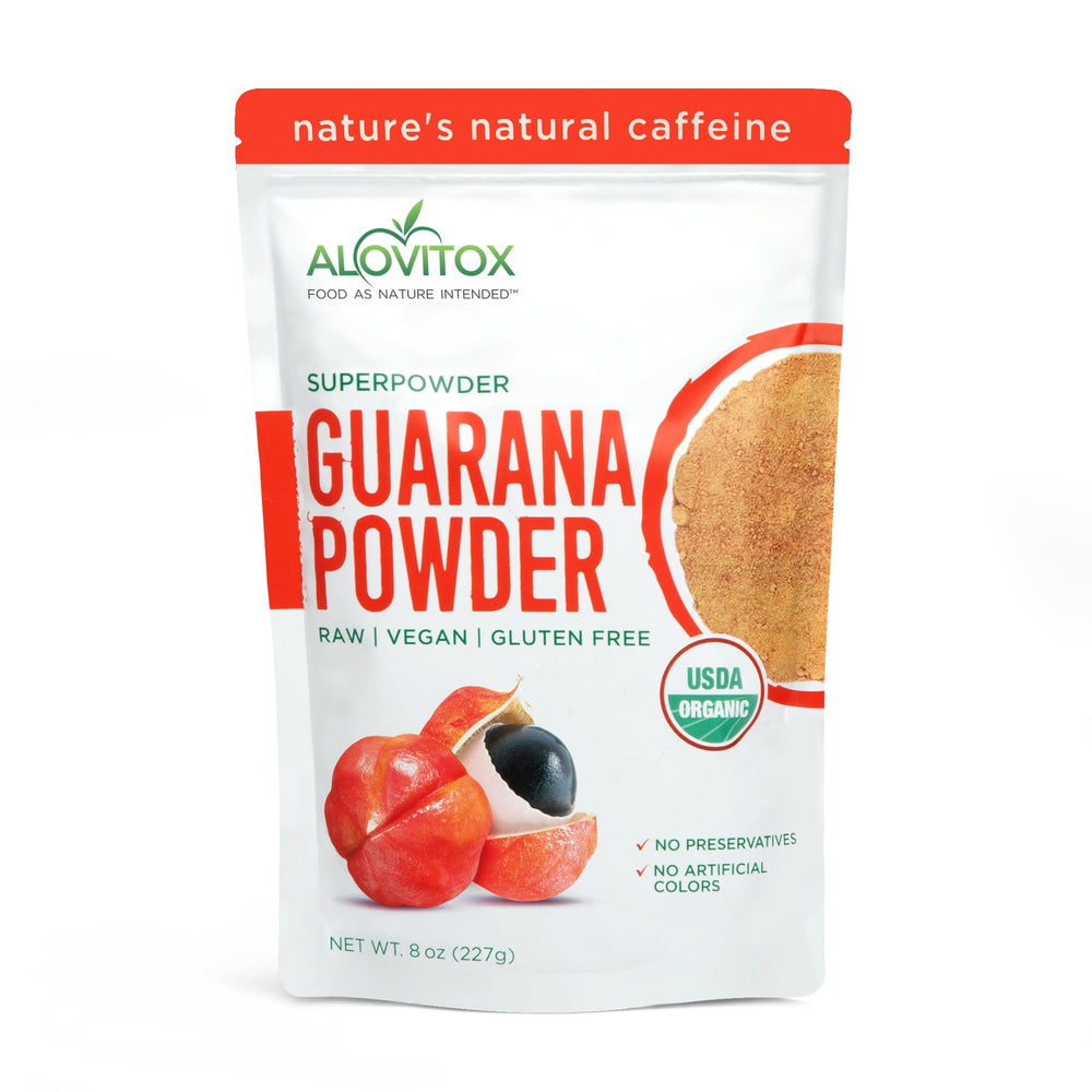 Alovitox front packaging showing organic guarana powder benefits