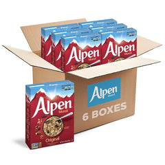 Alpen box front view showing cereal blend and fiber benefit