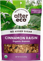 Alter Eco front packaging showing organic cinnamon raisin granola and clear benefit