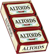 Altoids cinnamon front tin showing brand and compact metal case for portability