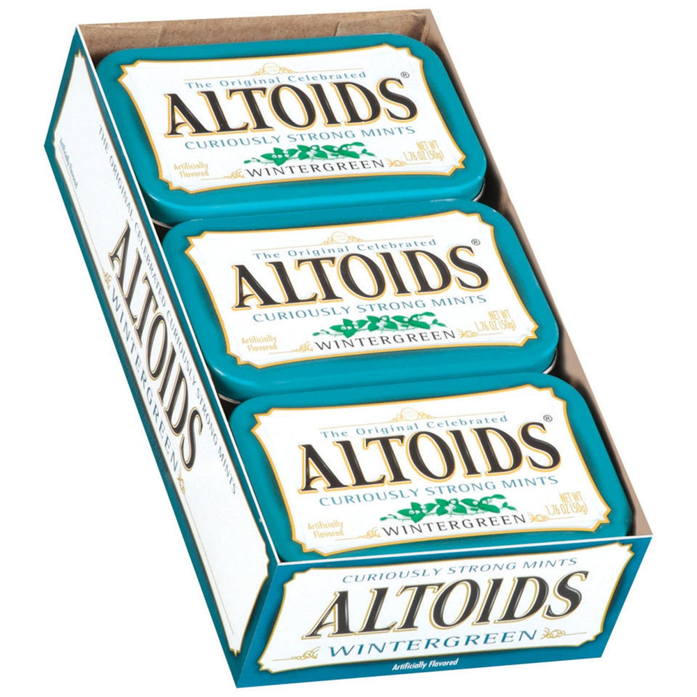 Altoids wintergreen front tin showing compact design and easy portability