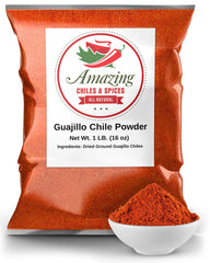 Amazing Chiles & Spices front packaging showing 16oz guajillo powder, clear labeling and benefit