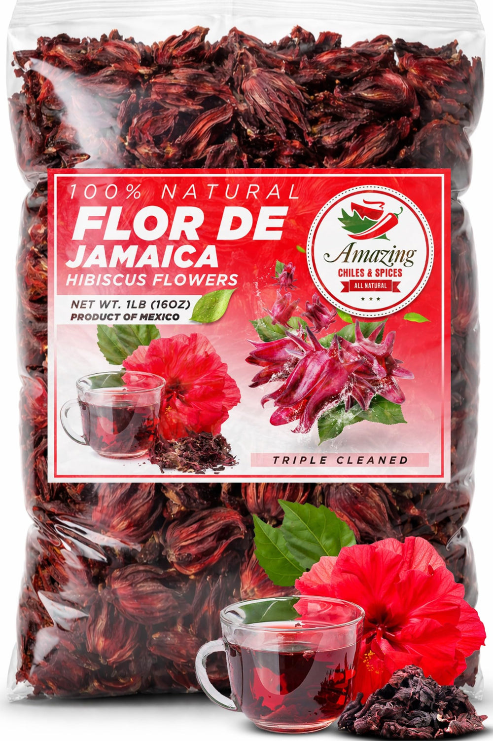 Amazing Chiles & Spices front packaging showing 1lb hibiscus bag and clear label benefits