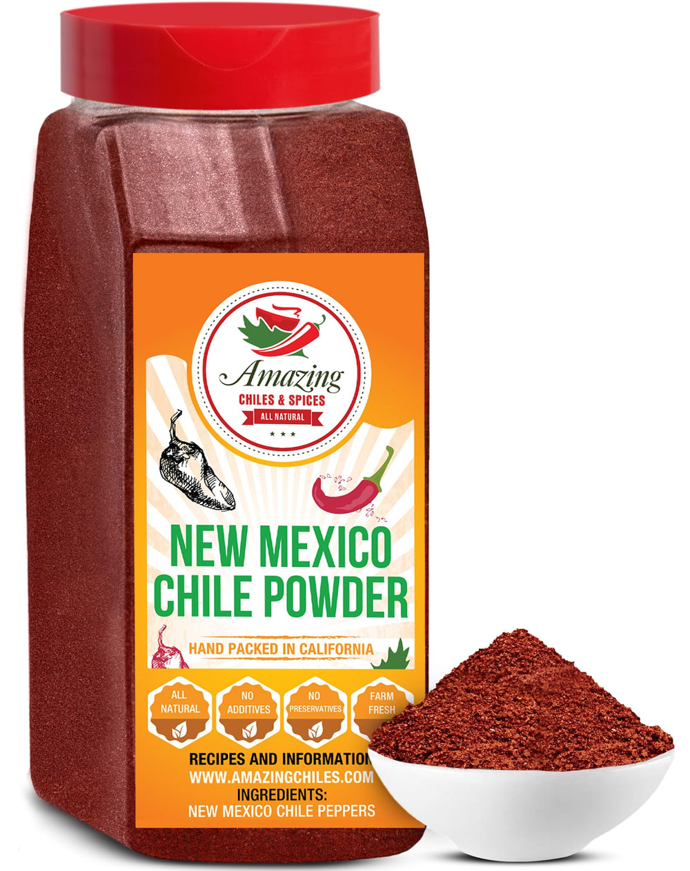 Amazing Chiles front pouch showing 1LB Chile Powder and clear branding benefit: pantry-ready