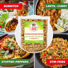 Amazing Chiles & Spices open bag with dry TVP visible, illustrating easy pantry-ready protein
