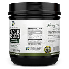Amazing Herbs open container with visible ground black seed powder for convenient scooping