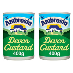 Ambrosia front packaging showing twin 400g cans with clear branding and pantry convenience