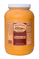 Amish Country Popcorn front view of one-gallon coconut oil, clear packaging benefit