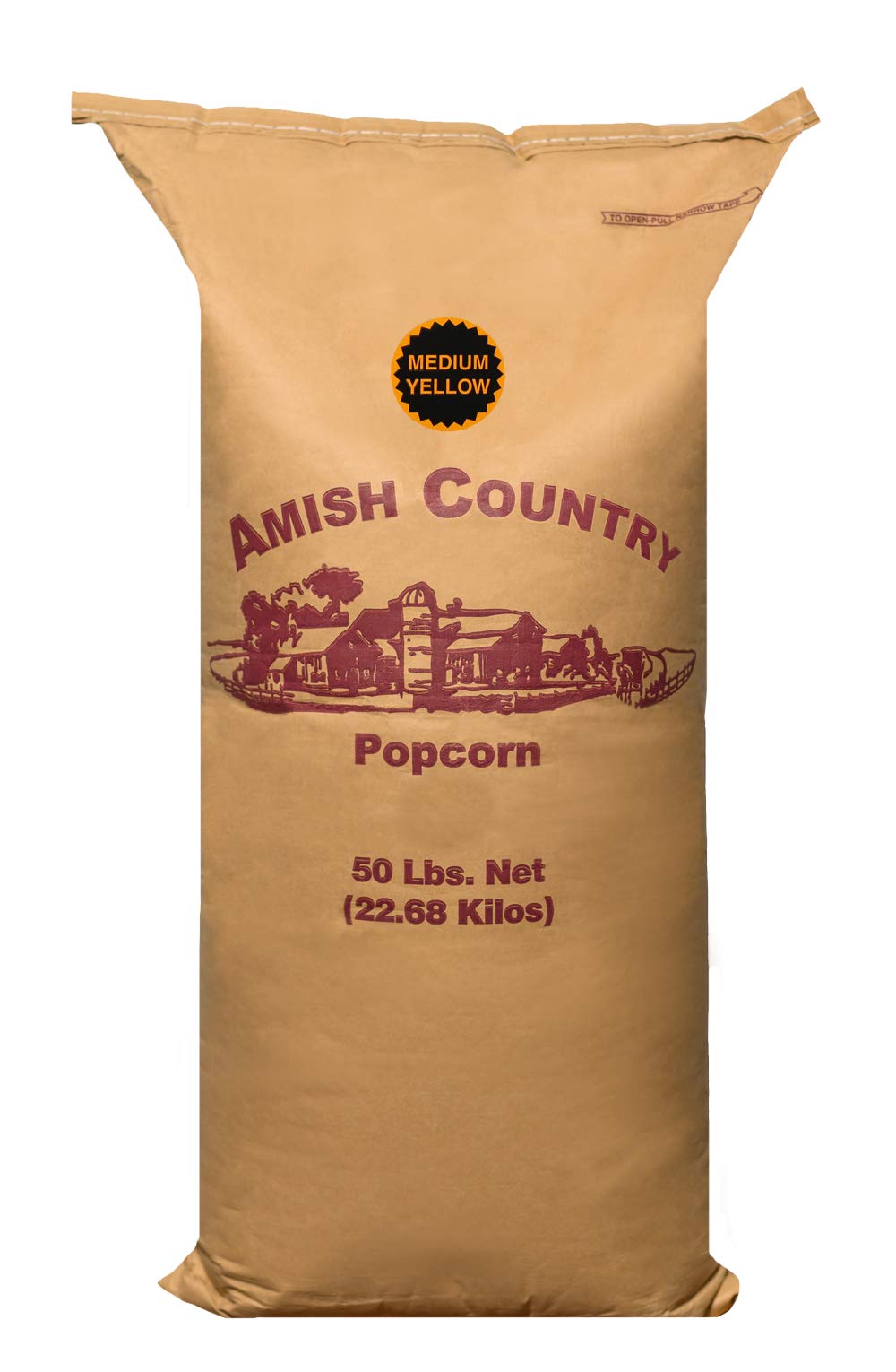 Amish Country Popcorn front of 50 lb bag showing brand and product name with bulk value