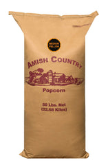 Amish Country Popcorn front of 50 lb bag showing brand and product name with bulk value