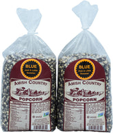 Amish Country Popcorn front packaging showing two 2 lb bags and product benefit of quantity