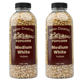 Amish Country Popcorn front packaging showing two 14 oz bottles and label benefits