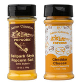 Amish Country Popcorn front packaging showing both seasoning jars and branding benefit convenience