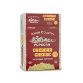 Amish Country Popcorn front packaging showing 10 bags and cheddar branding benefit quick snacks