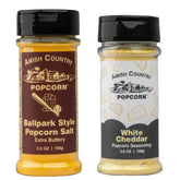 Amish Country Popcorn front packaging showing both seasoning jars and benefits
