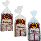 Amish Country Popcorn front packaging showing three 2 lb bags and clear labeling benefit: easy selection