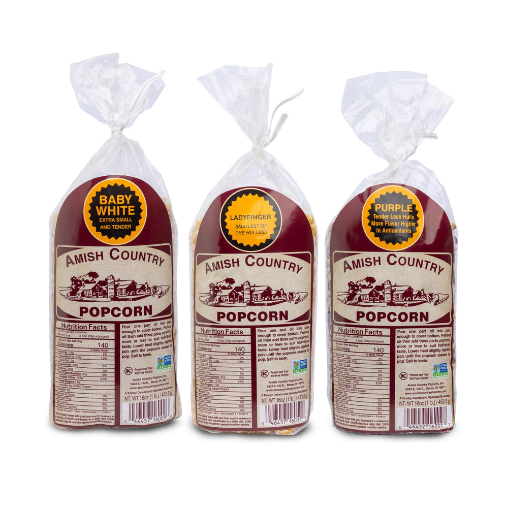 Amish Country Popcorn front packaging showing three 1 lb bags and product branding benefit clarity