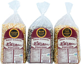 Amish Country Popcorn front packaging showing three 2 lb bags and label benefits