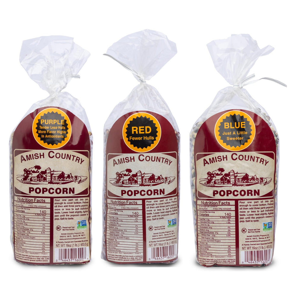 Amish Country Popcorn front packaging showing three 1 lb bags and colorful kernels benefit visual appeal