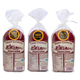 Amish Country Popcorn front packaging showing three 1 lb bags and colorful kernels benefit visual appeal