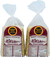 Amish Country Popcorn front packaging showing two 2 lb bags and clear labeling benefit pantry-ready