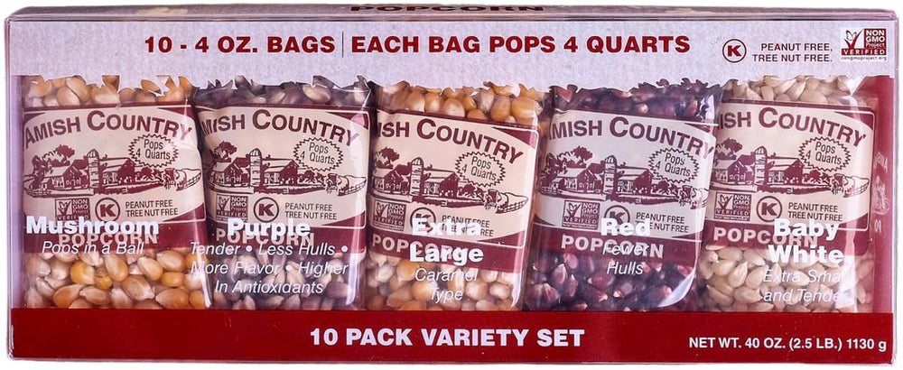 Amish Country Popcorn front packaging showing the 10 pack gift set benefit