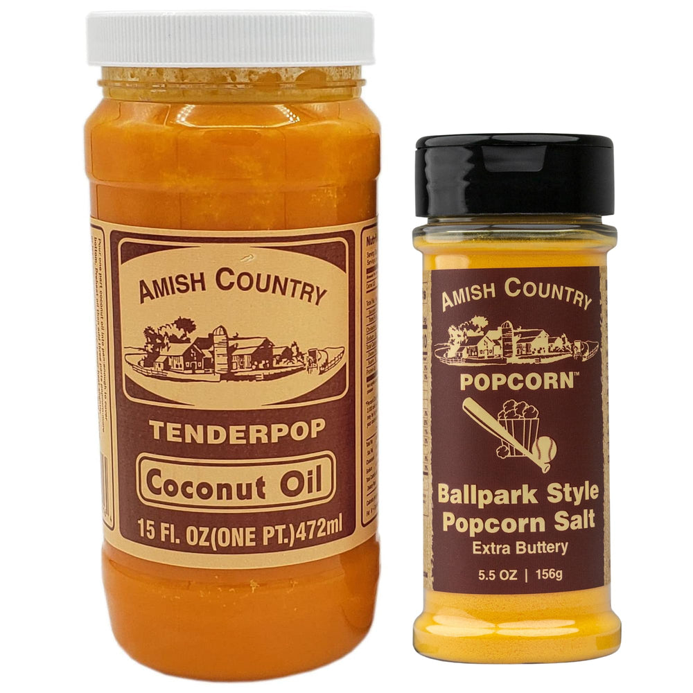Amish Country Popcorn front packaging showing oil and salt for easy movie-night prep